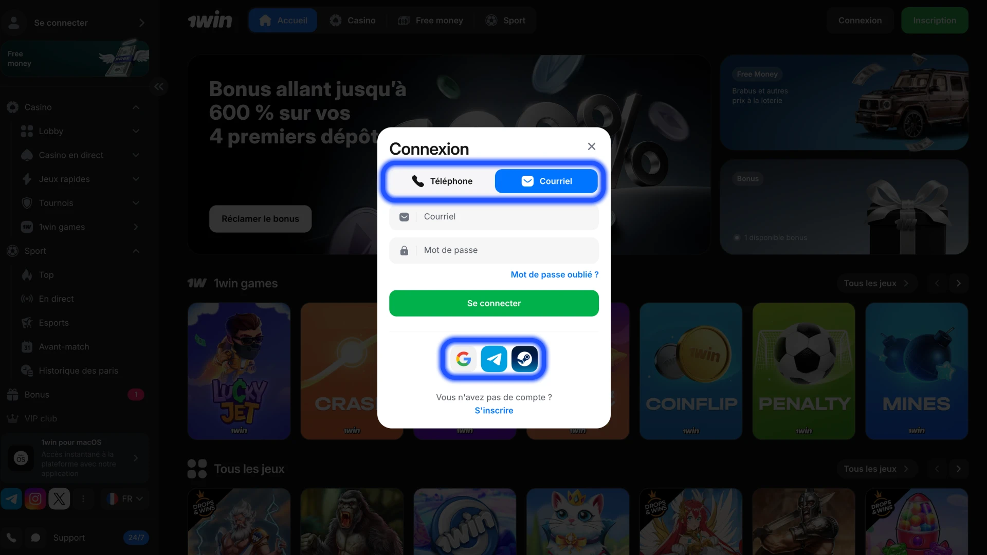 Choisissez la méthode de connexion que vous préférez sur 1win.