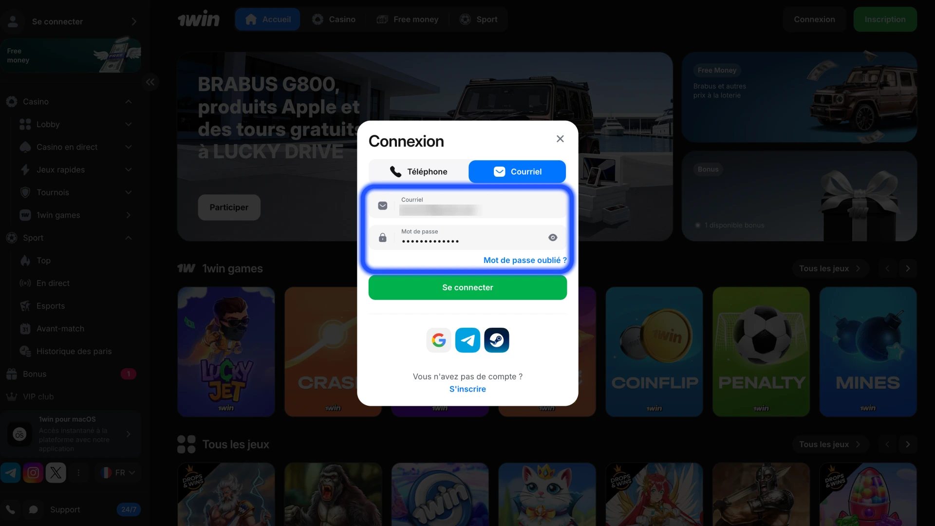Entrez vos informations personnelles et confirmez votre connexion à 1win.