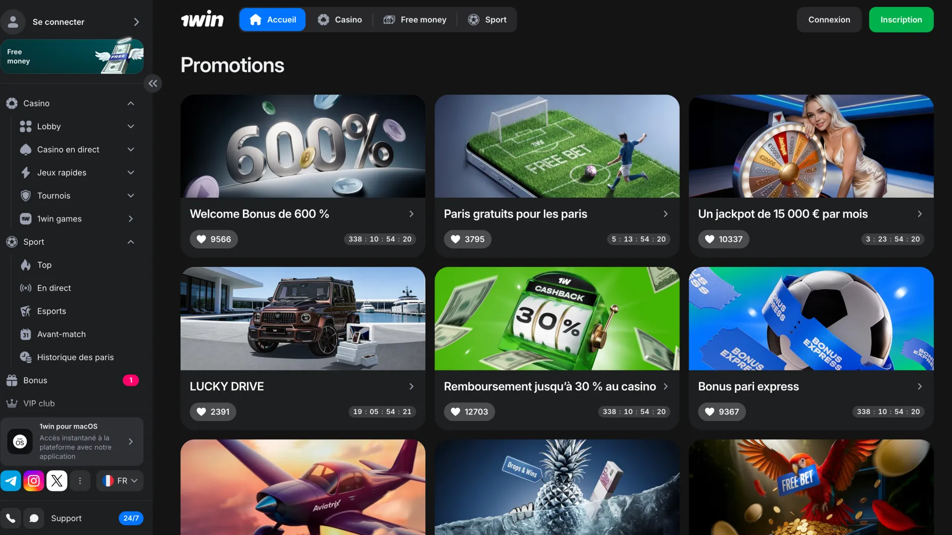 La section bonus et promotions sur 1win.
