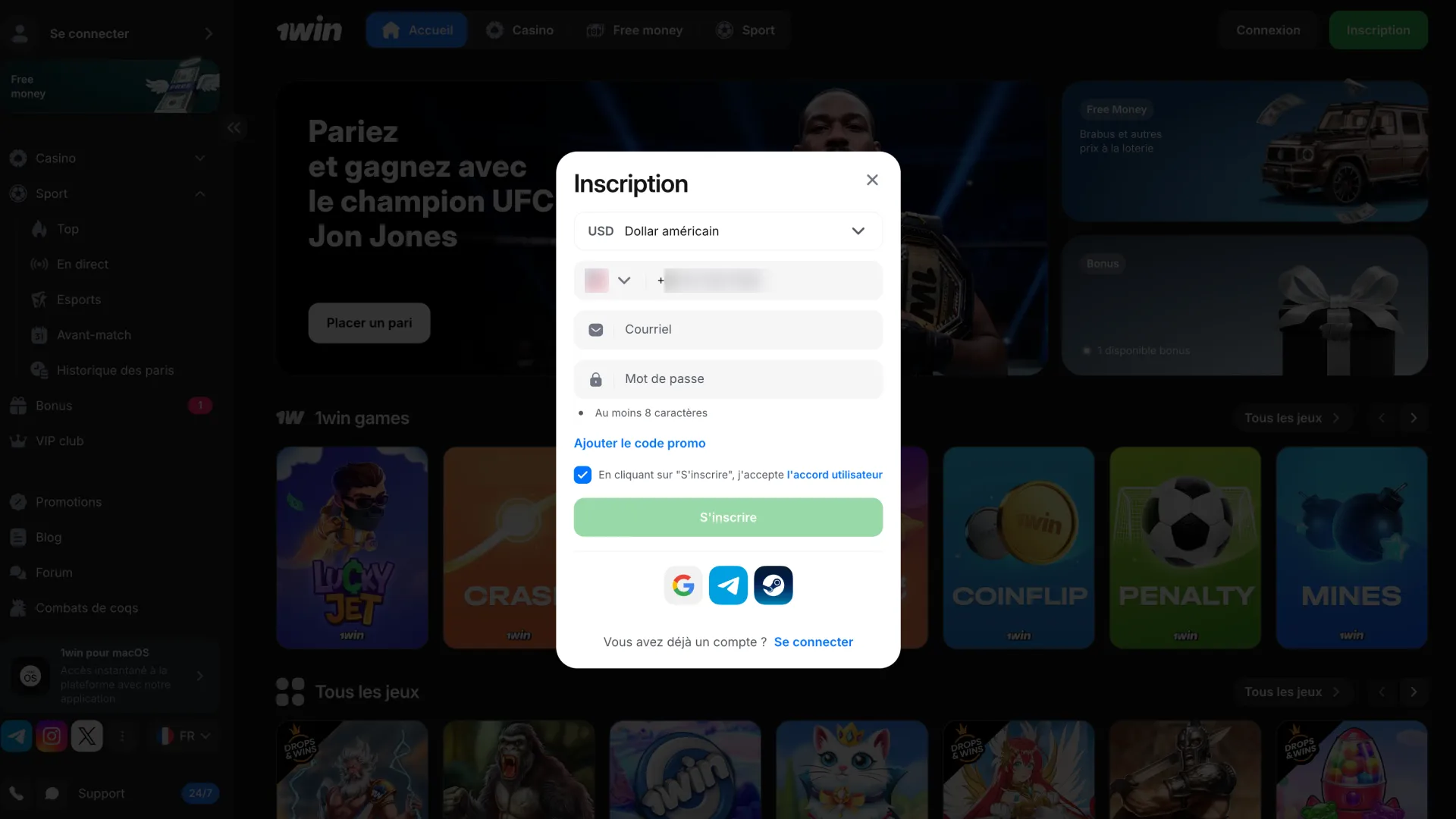 Ouvrez le formulaire d'inscription sur la plateforme 1win.