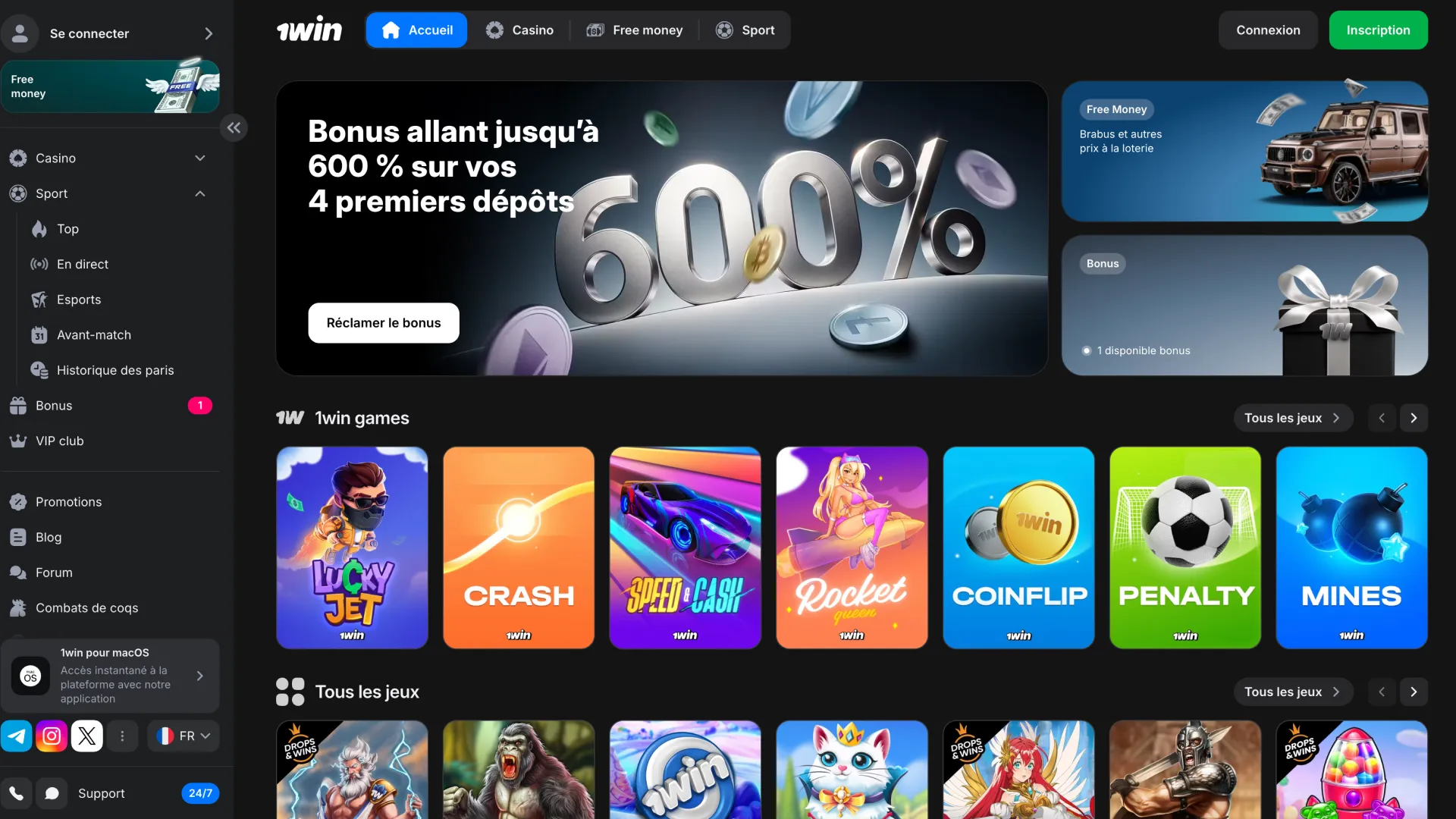 L'écran principal du site web 1win.