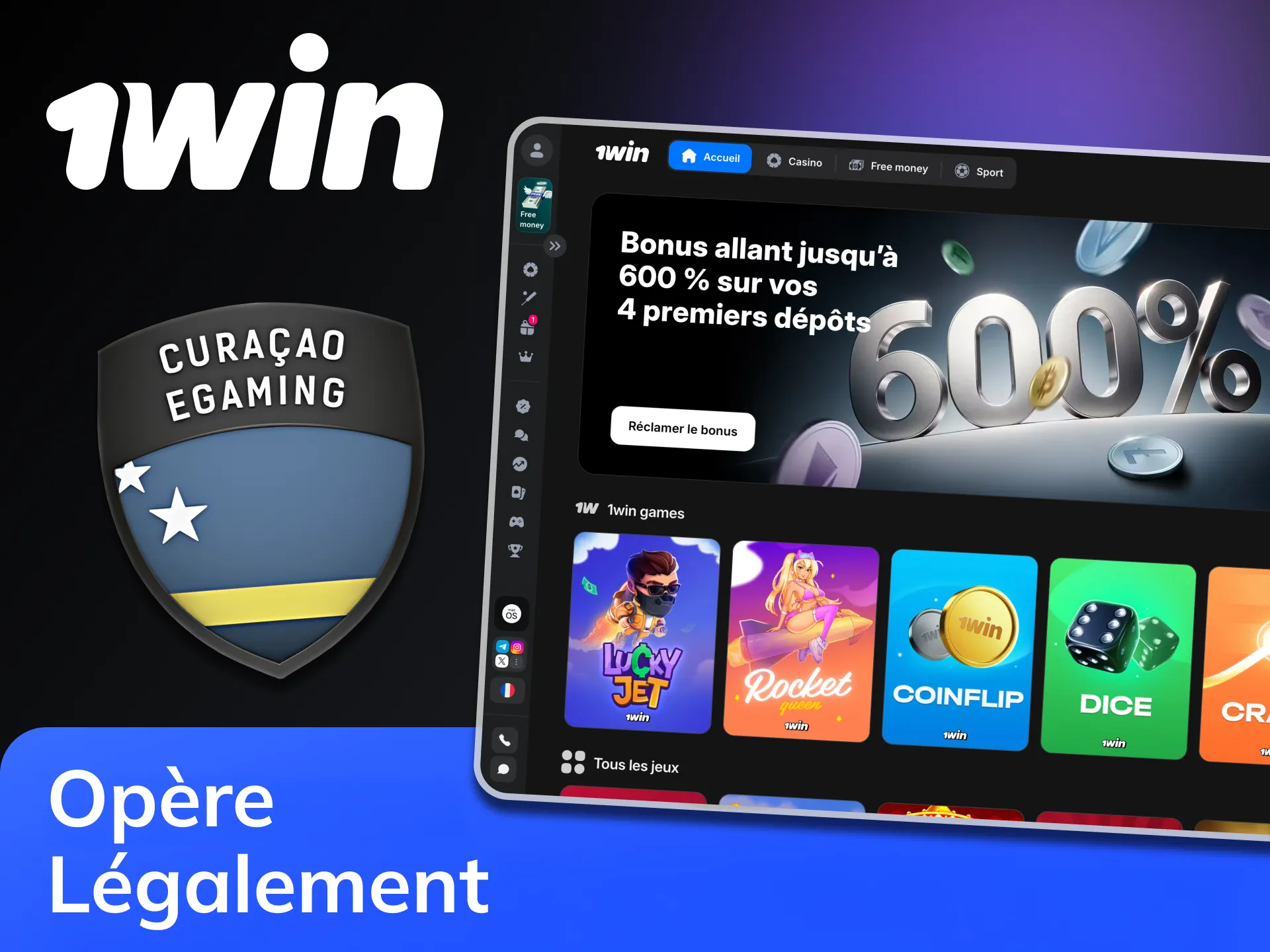 1Win opère sous une licence officielle de jeu délivrée par Curaçao.