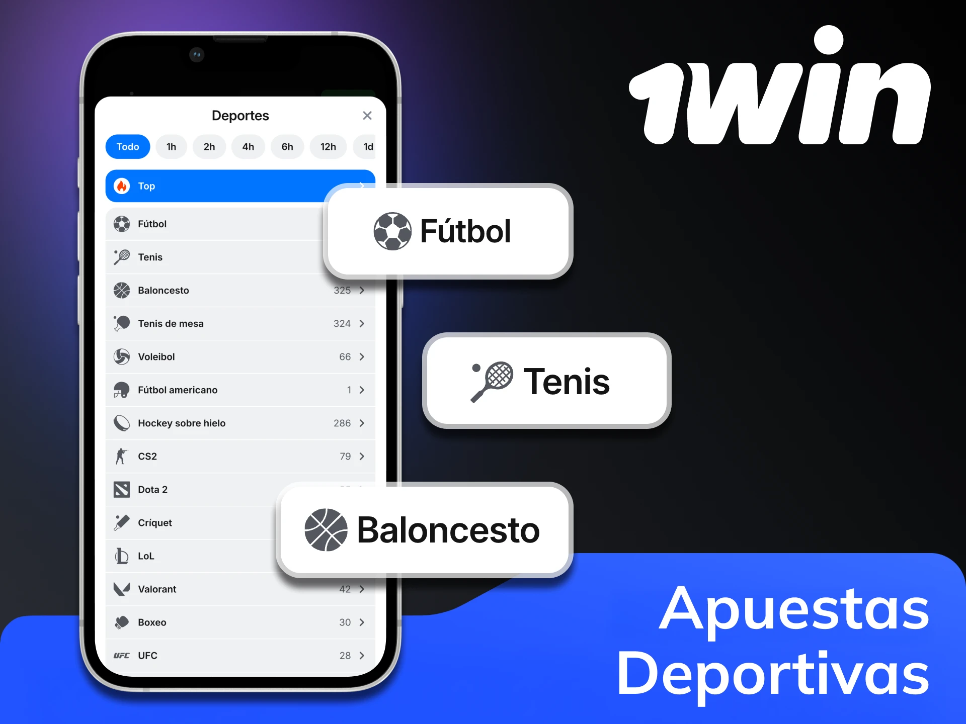 La aplicación 1Win te ofrece docenas de deportes para apostar.