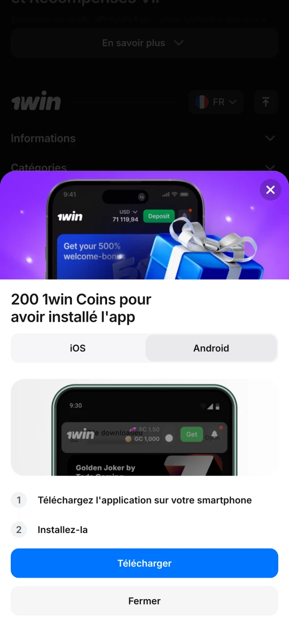 Cliquez sur le bouton pour télécharger l'application mobile 1Win.
