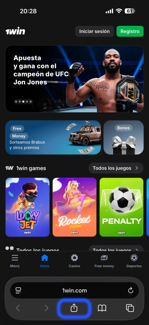 Abre el sitio web de 1Win en el navegador Safari.