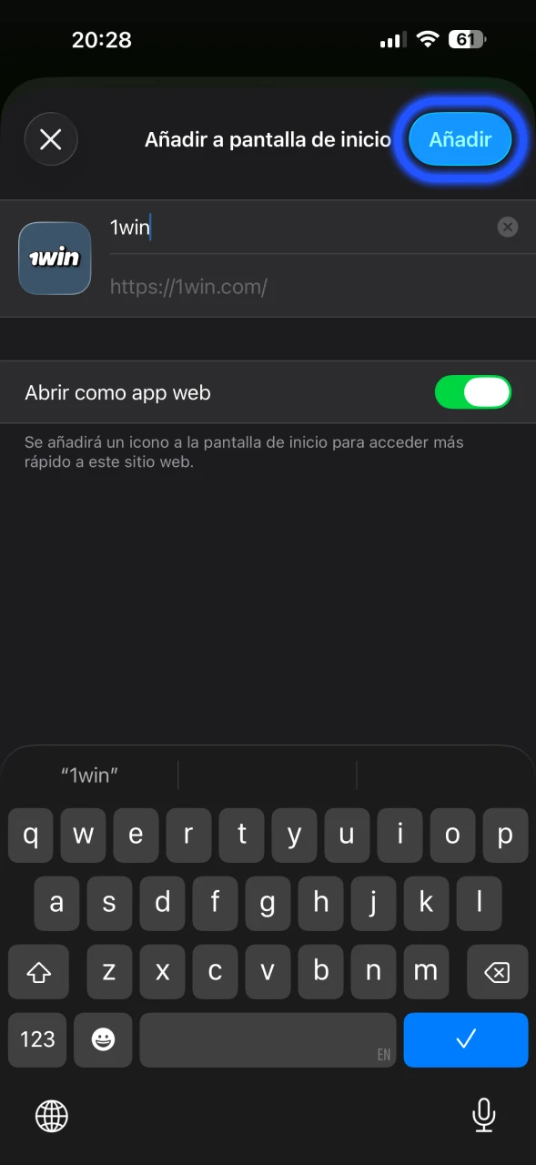 Añade el acceso directo de 1Win a la pantalla de tu smartphone.