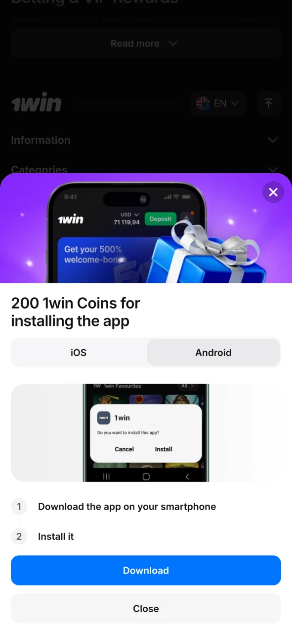 Click the button to download 1Win mobile application.