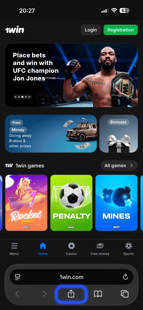 Open the 1Win website in the Safari browser.