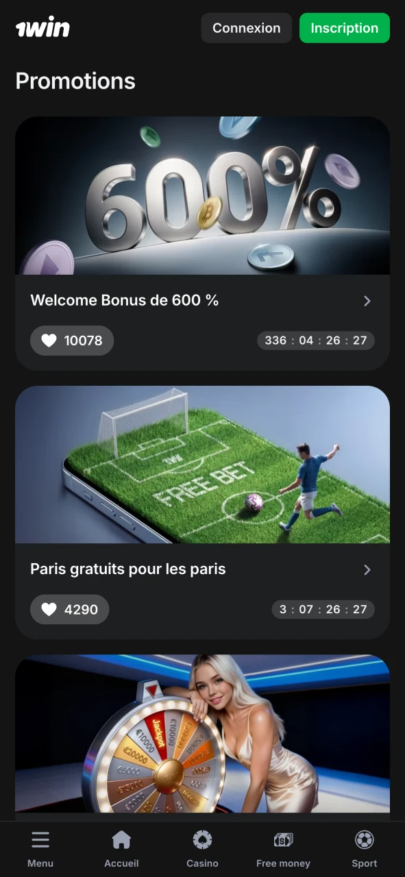 Ouvrez la section Bonus 1Win et profitez d'avantages.