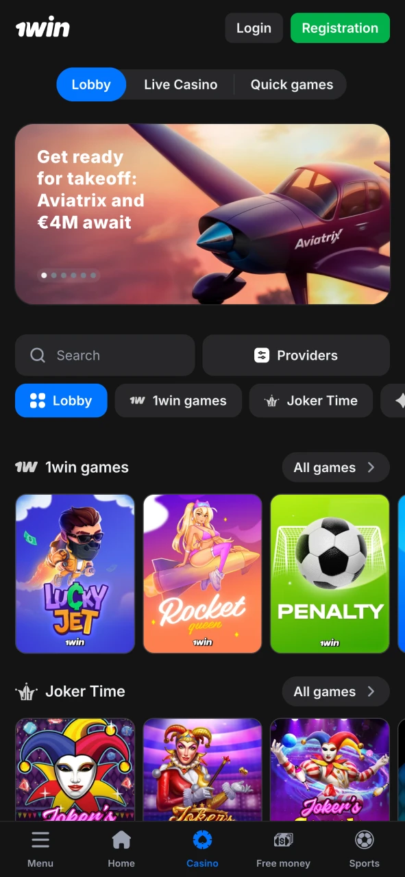 Explore the casino section of 1Win application.