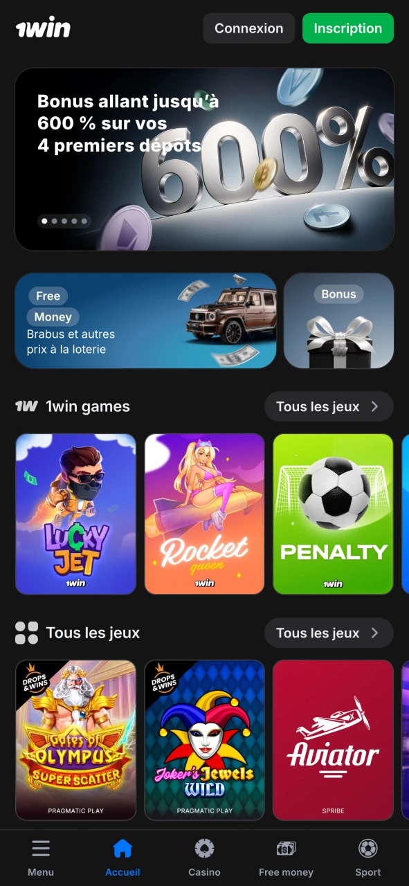 Visitez la page principale de l'application officielle 1Win.