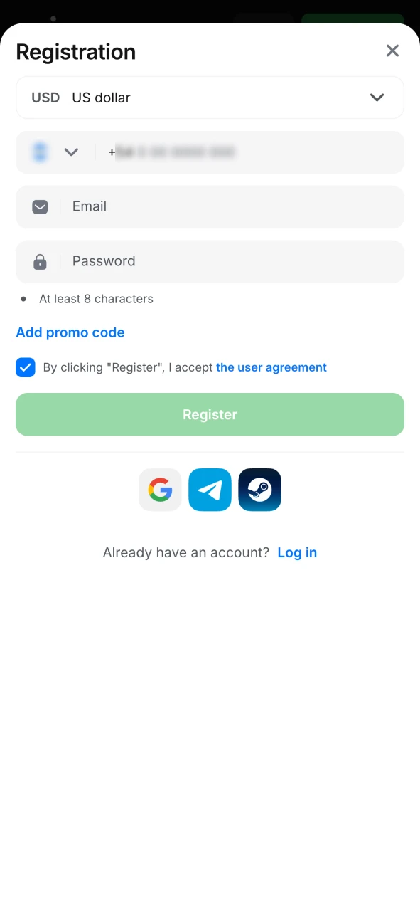 Open the registration form on 1Win app.