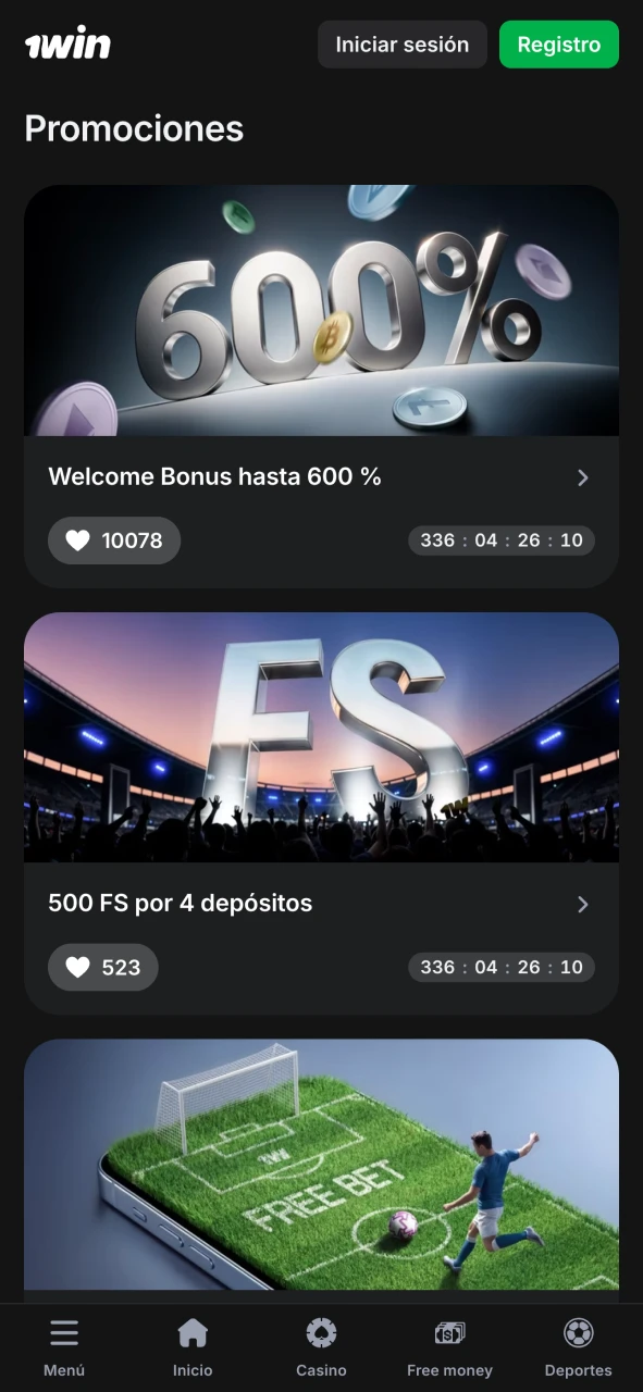 Abre la sección de bonificaciones de 1Win y obtén ventajas.