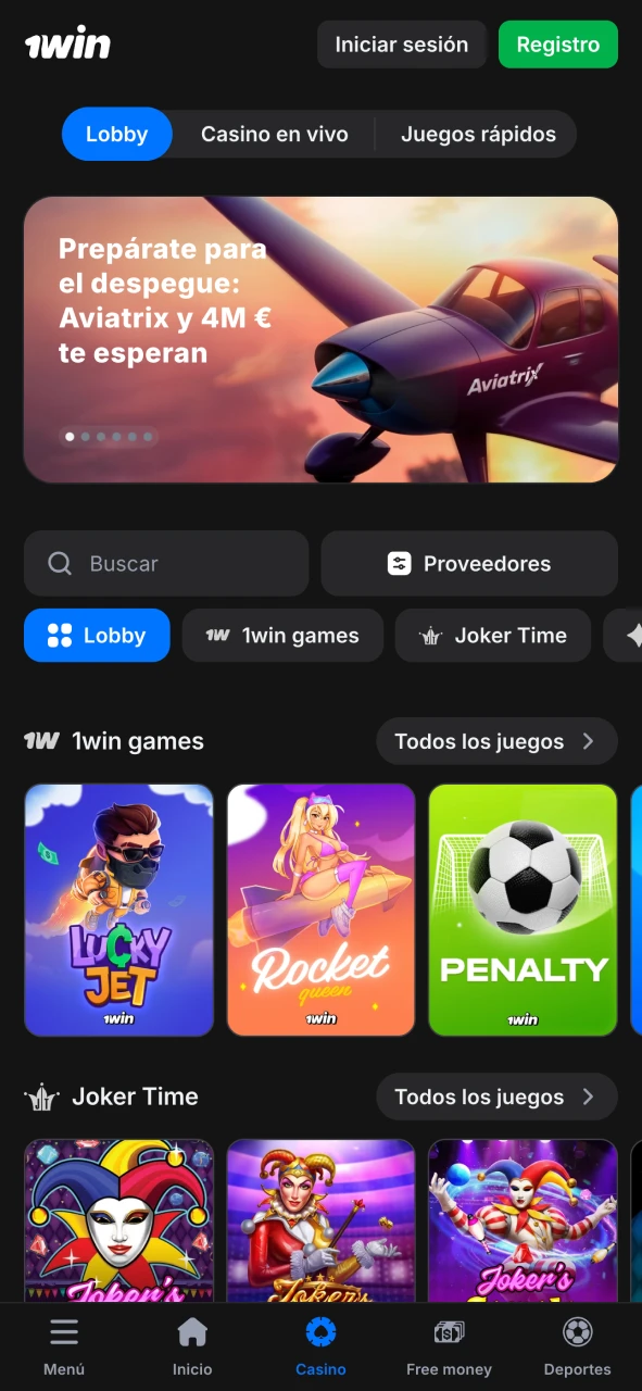 Explora la sección de casino de la aplicación 1Win.