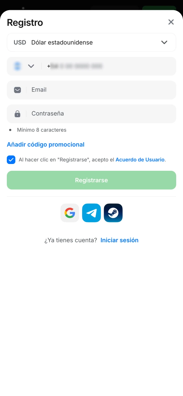 Abre el formulario de registro en la aplicación 1Win.