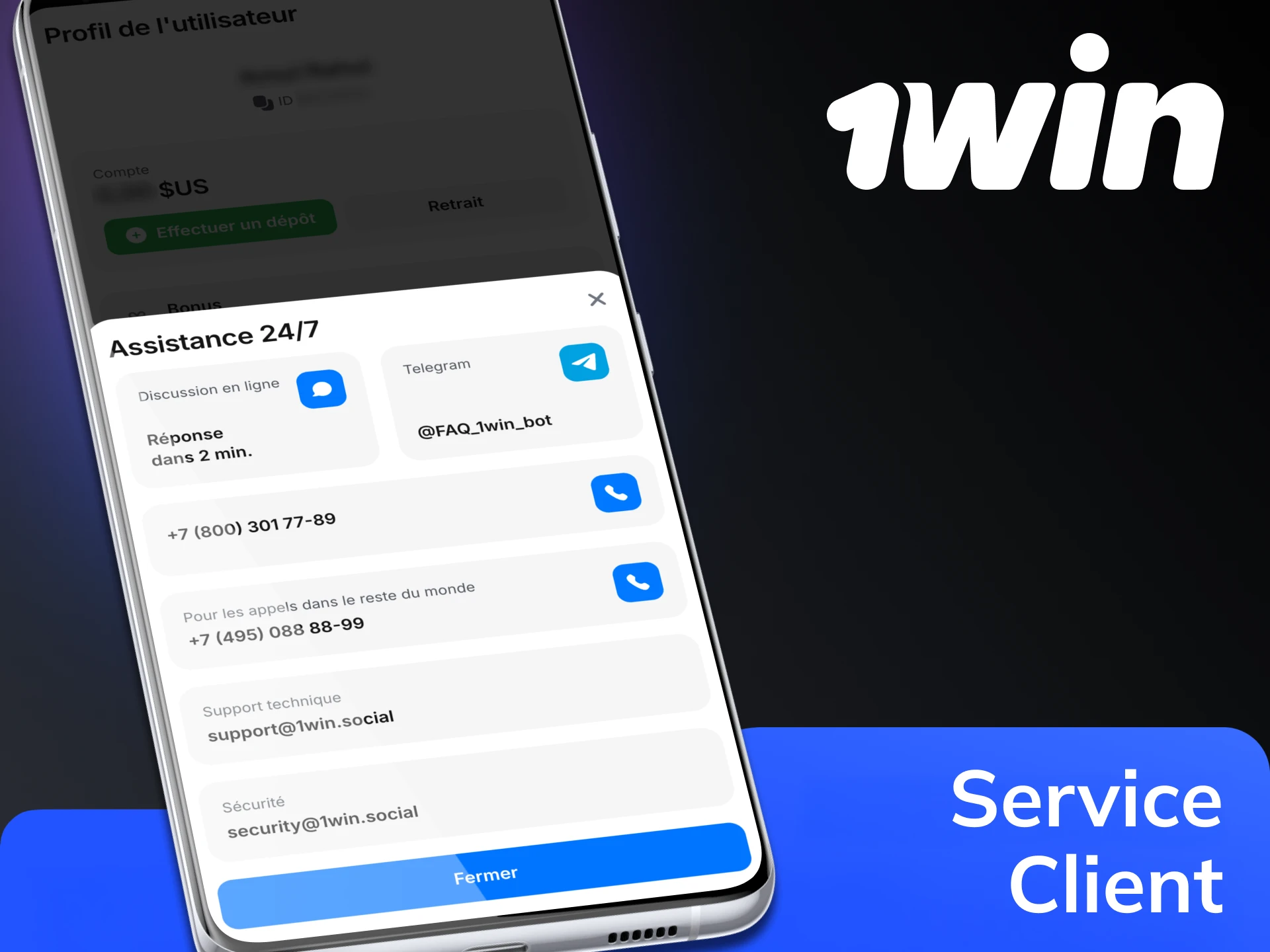 Choisissez votre méthode sur l'application 1Win pour contacter le service d'assistance.