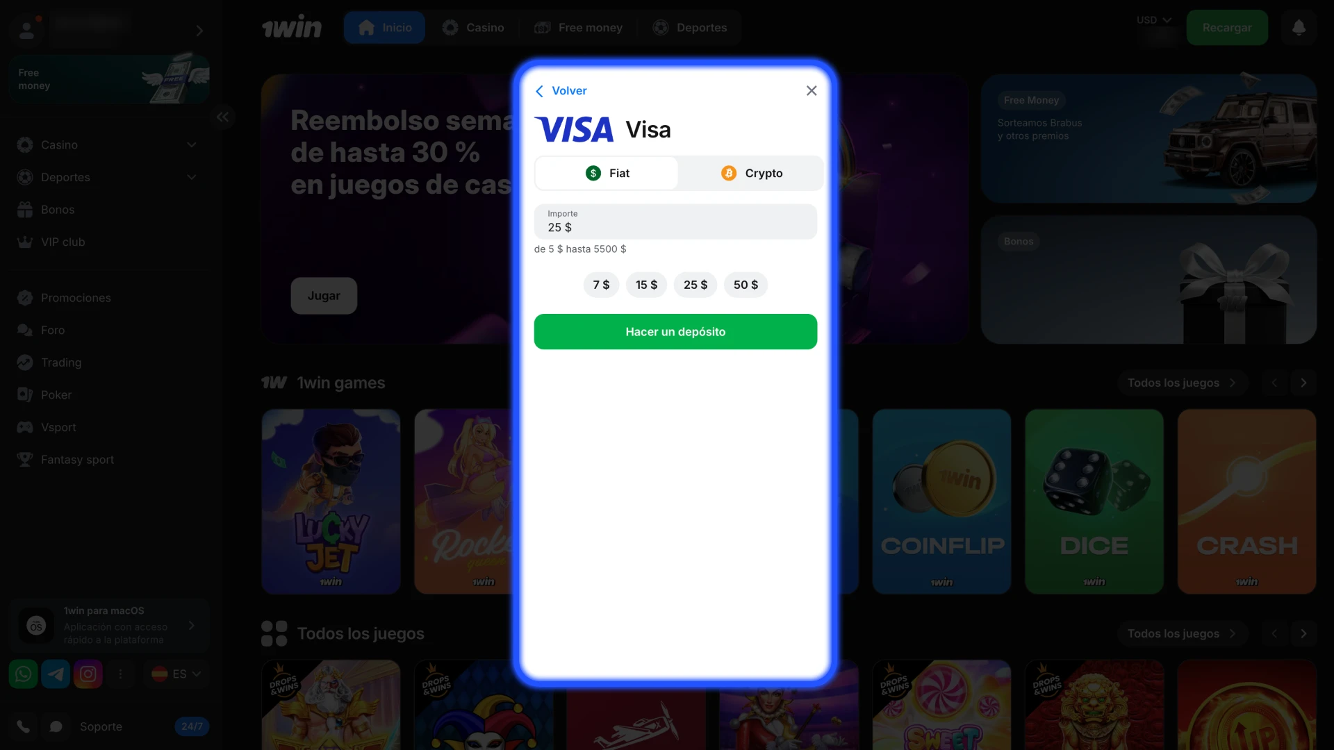 Recarga tu cuenta 1win para empezar a realizar apuestas.