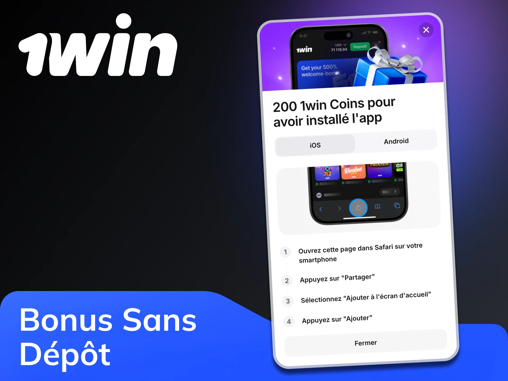 Téléchargez l'application officielle 1Win pour obtenir un bonus sans dépôt.