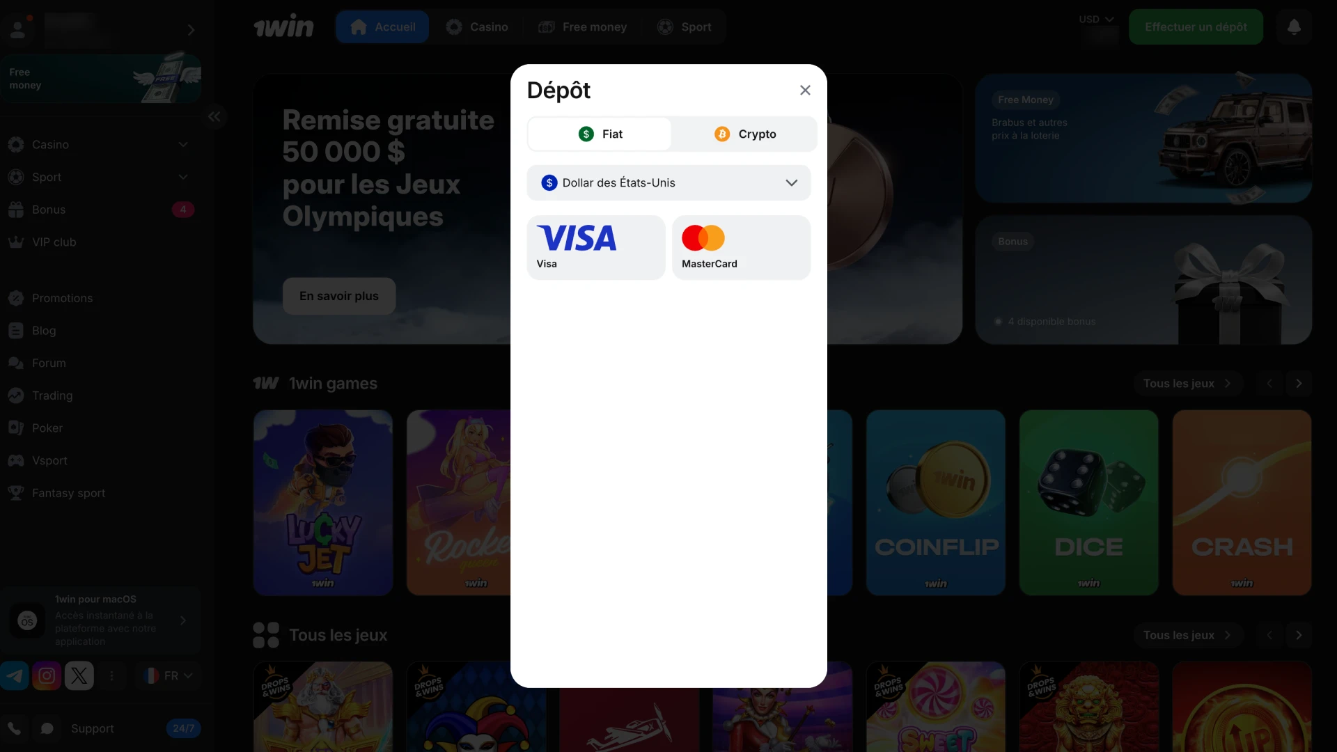 Ouvrez la section Paiements sur le site Web 1Win.