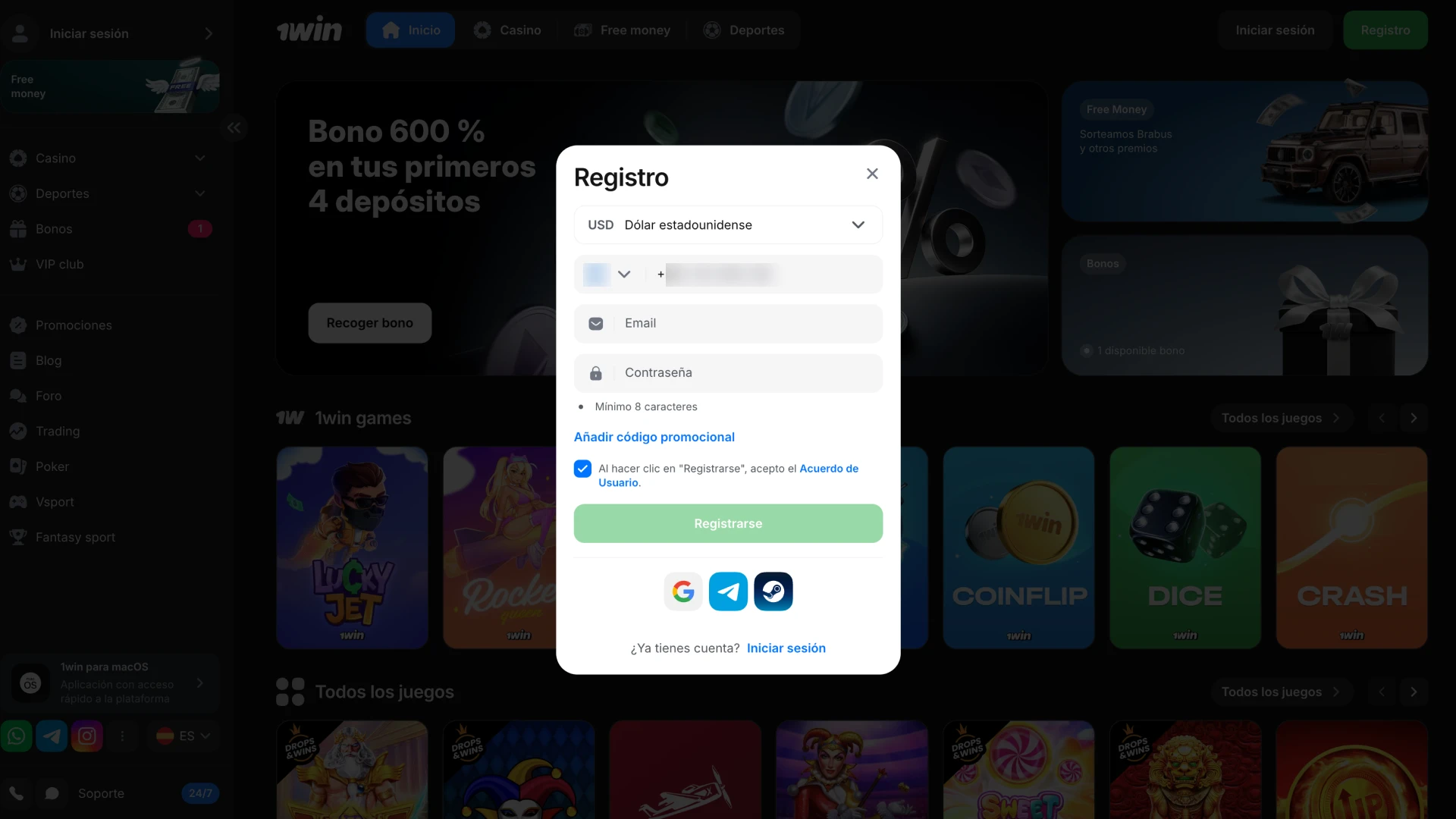 Empieza por registrar tu cuenta en 1Win.