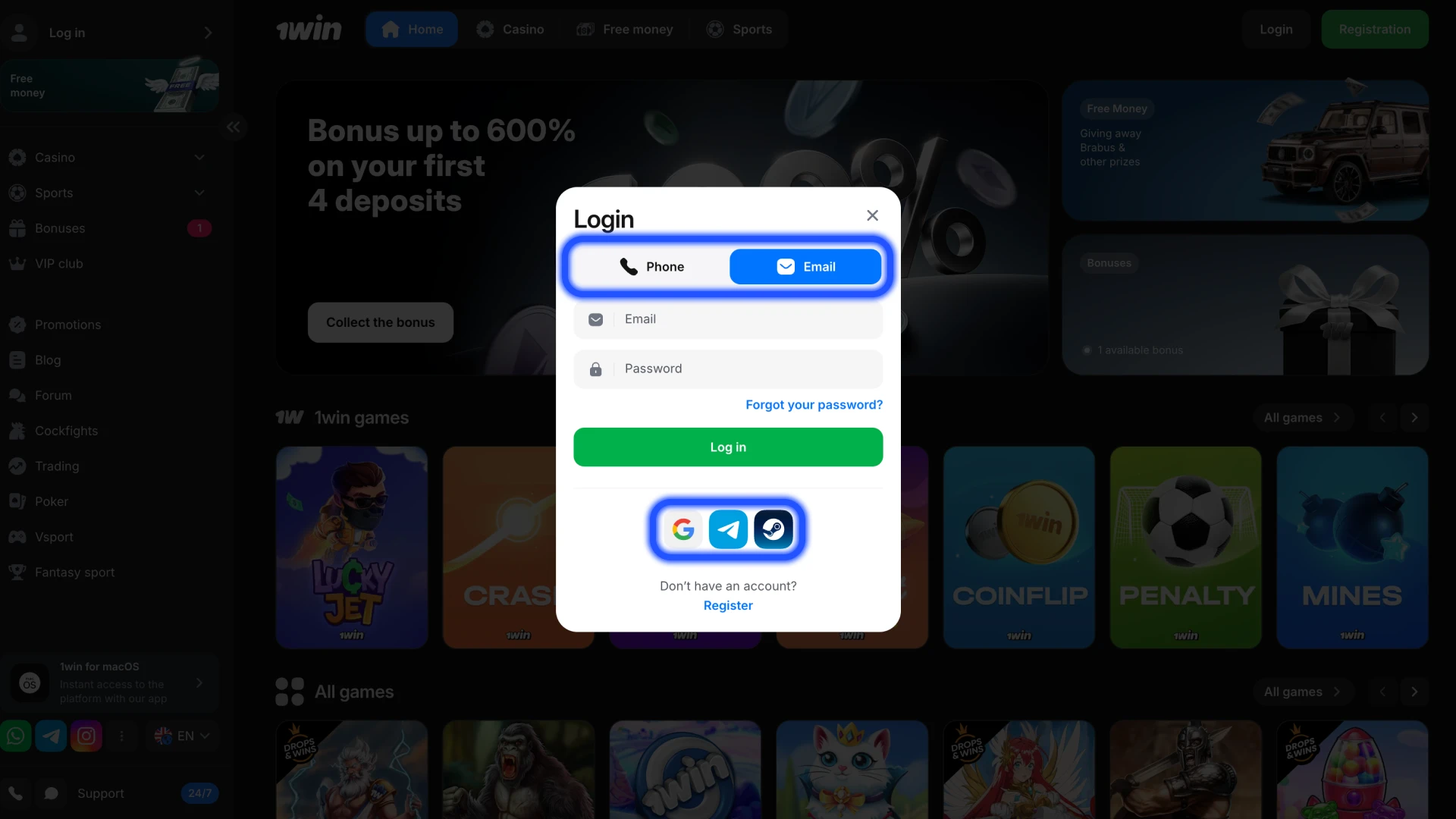Choose a login method that you prefer at 1win.