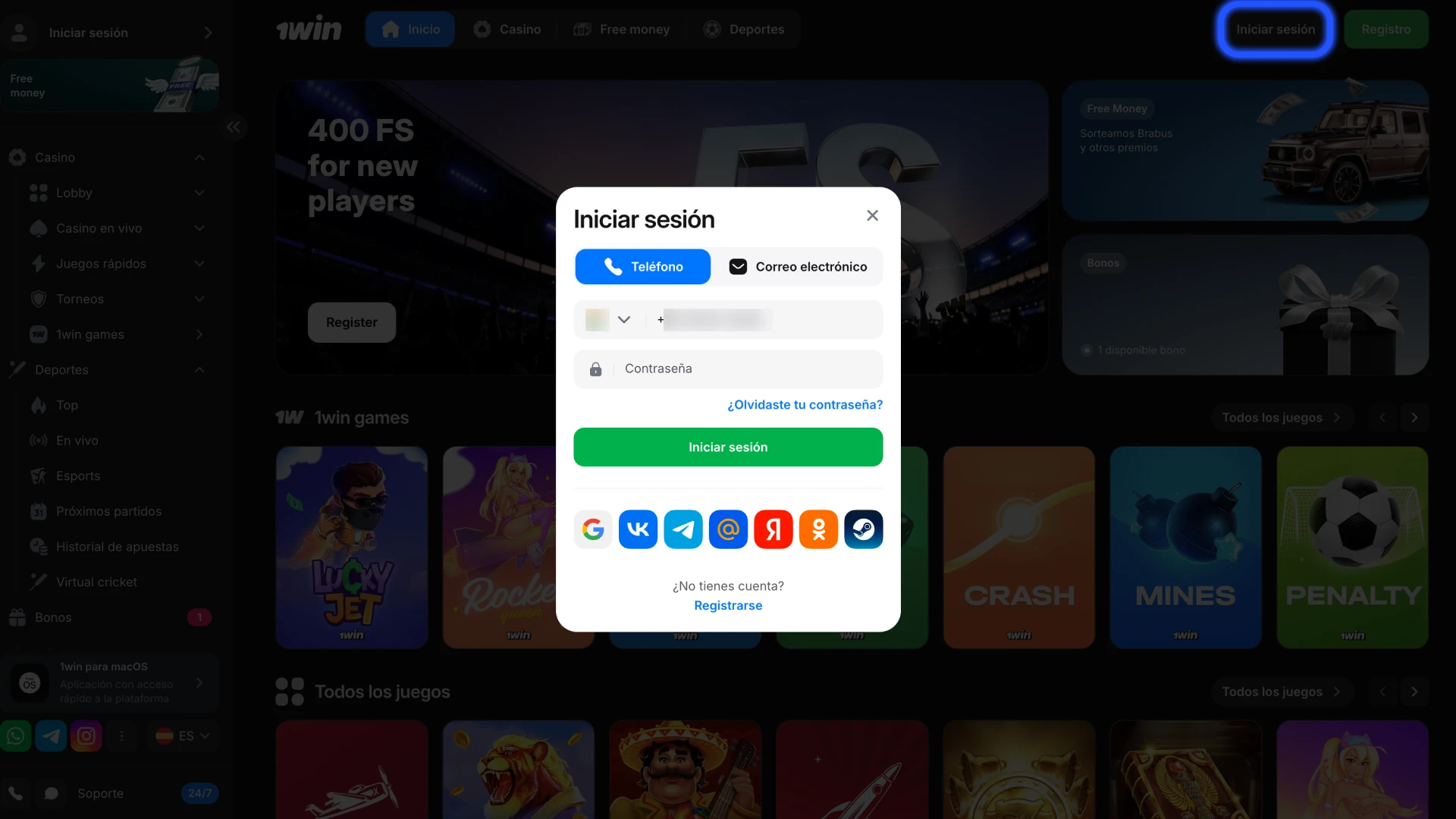 Comience haciendo clic en el botón de inicio de sesión en la página principal de 1win.