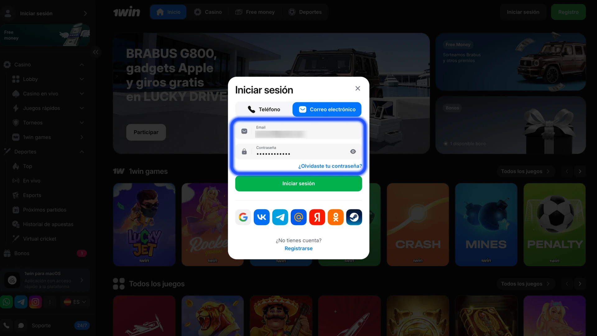 Introduzca sus datos personales y confirme el inicio de sesión en 1win.