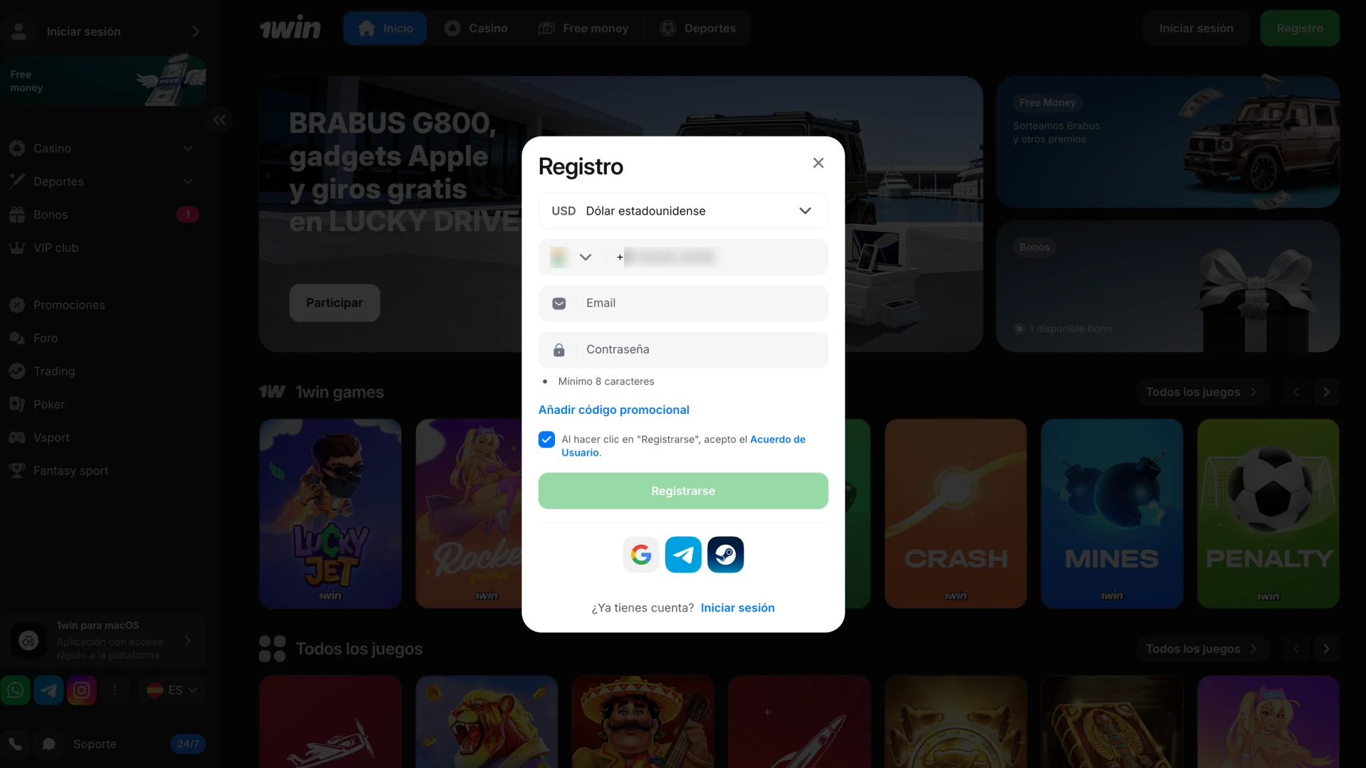 Abre el formulario de registro en la plataforma 1win.
