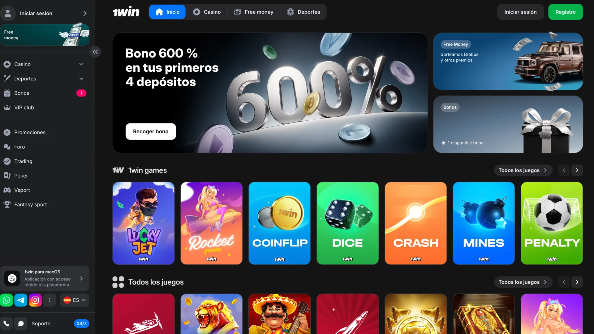 La pantalla principal del sitio web de 1win.