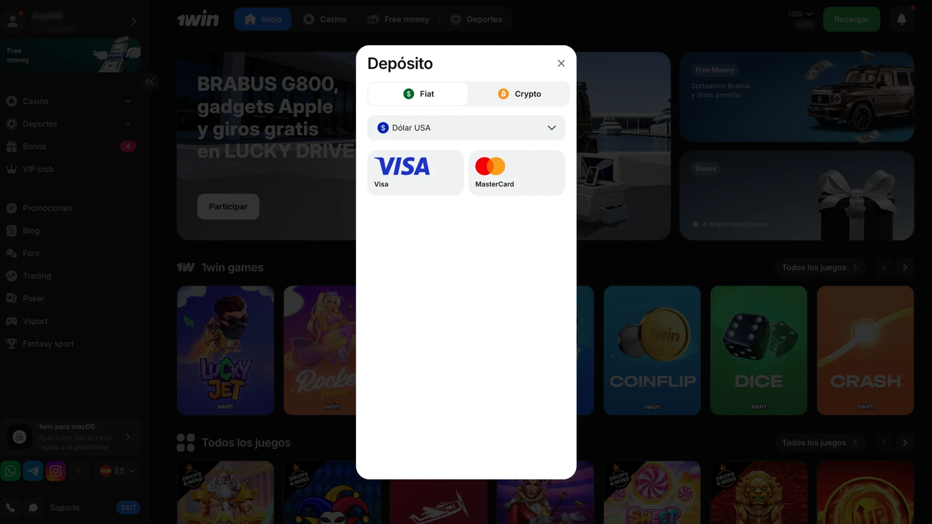 Abre la sección de depósitos haciendo clic en el botón de 1Win.