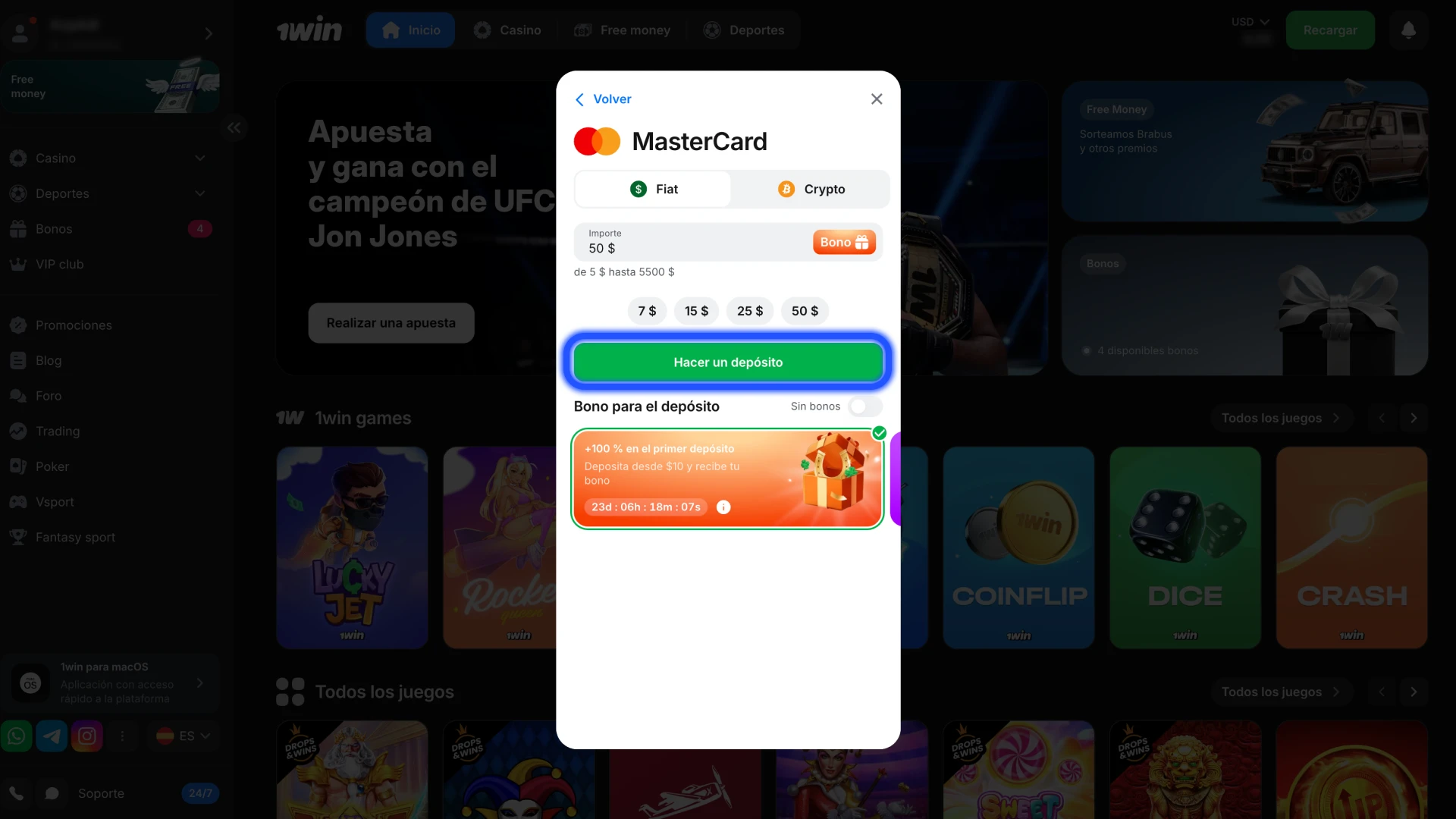 Haga clic en el botón Depositar para confirmar el pago en 1Win.