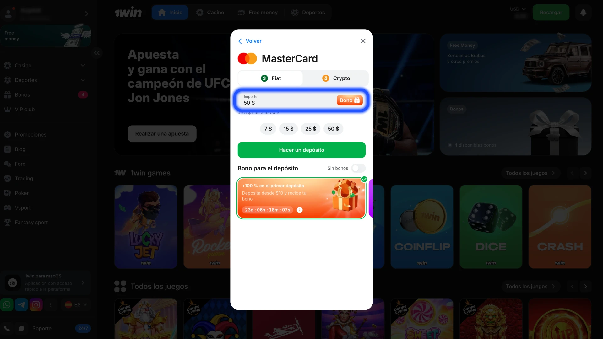 Introduzca el importe del pago que desea depositar en 1Win.