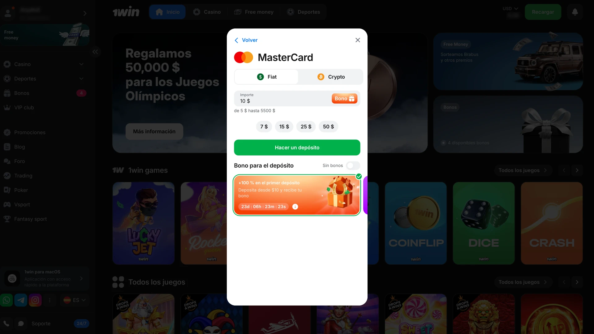 Seleccione un método de pago 1Win disponible para realizar un depósito.