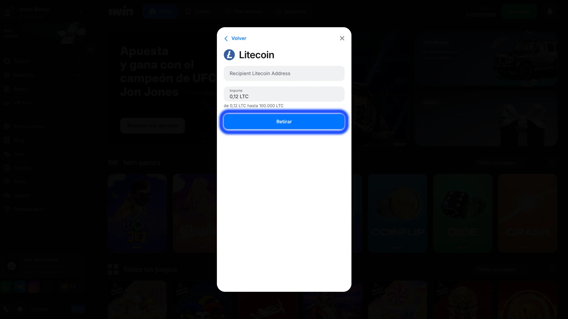 Haga clic en el botón Retirar para confirmar la transacción de 1Win.