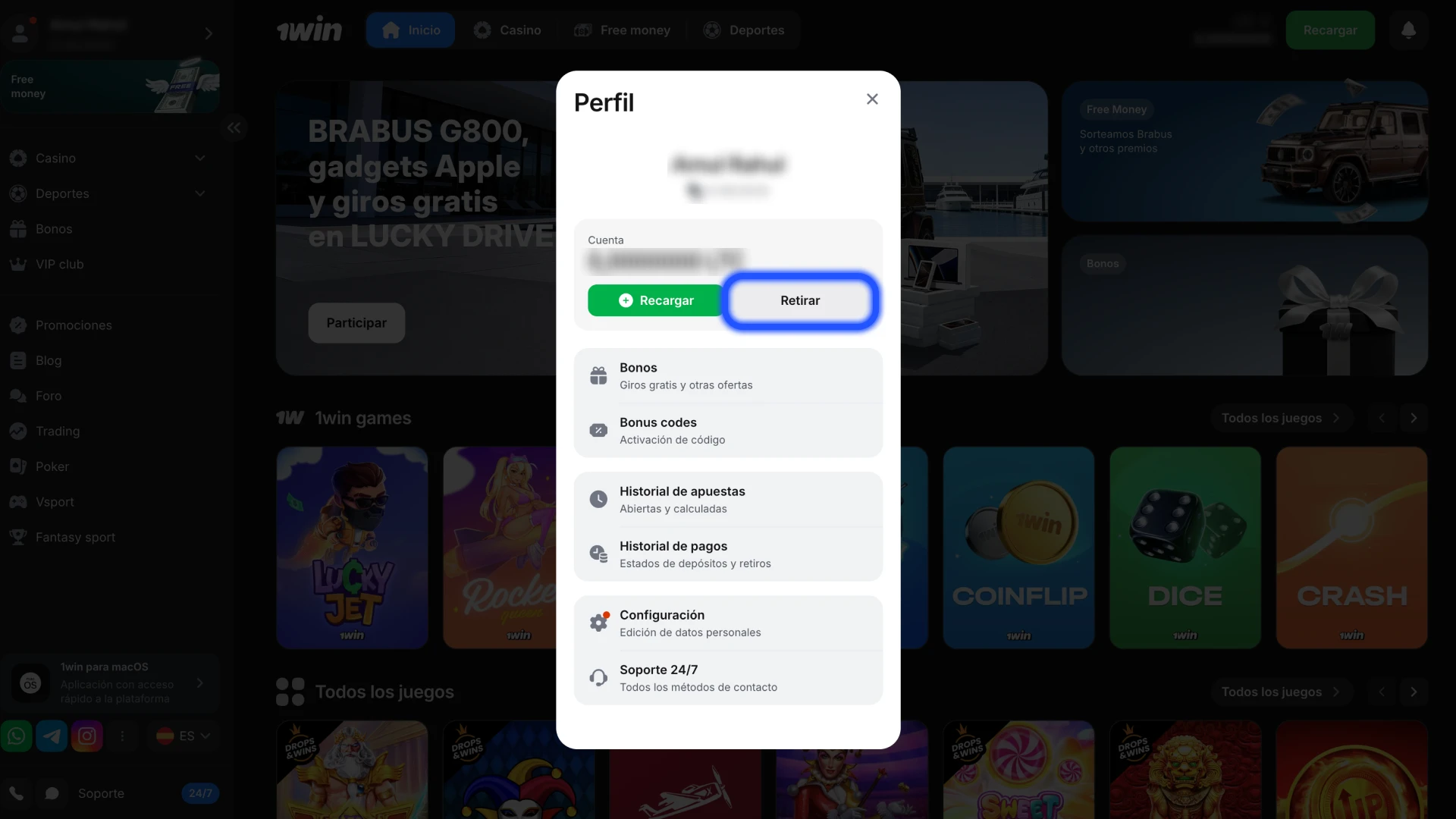 Busca la sección para retirar fondos en la configuración de la cuenta de 1Win.