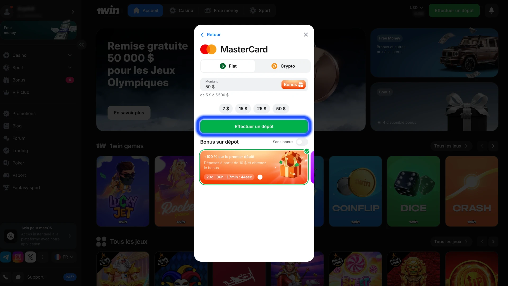 Cliquez sur le bouton Déposer pour confirmer le paiement 1Win.