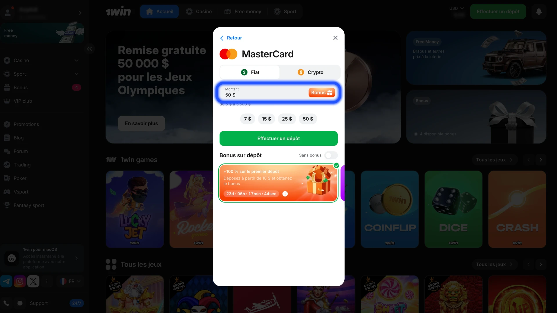 Entrez le montant du paiement que vous souhaitez déposer sur 1Win.