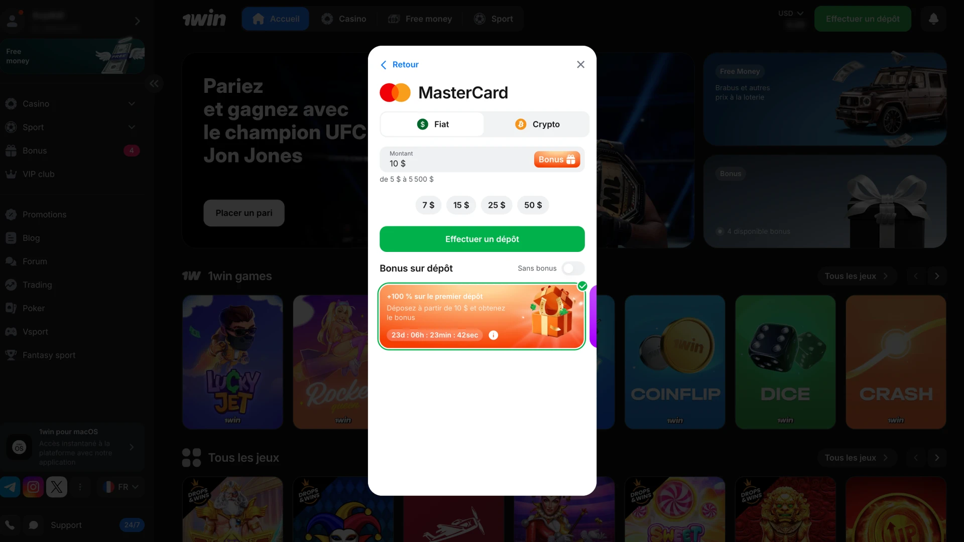 Sélectionnez un mode de paiement 1Win disponible pour effectuer un dépôt.