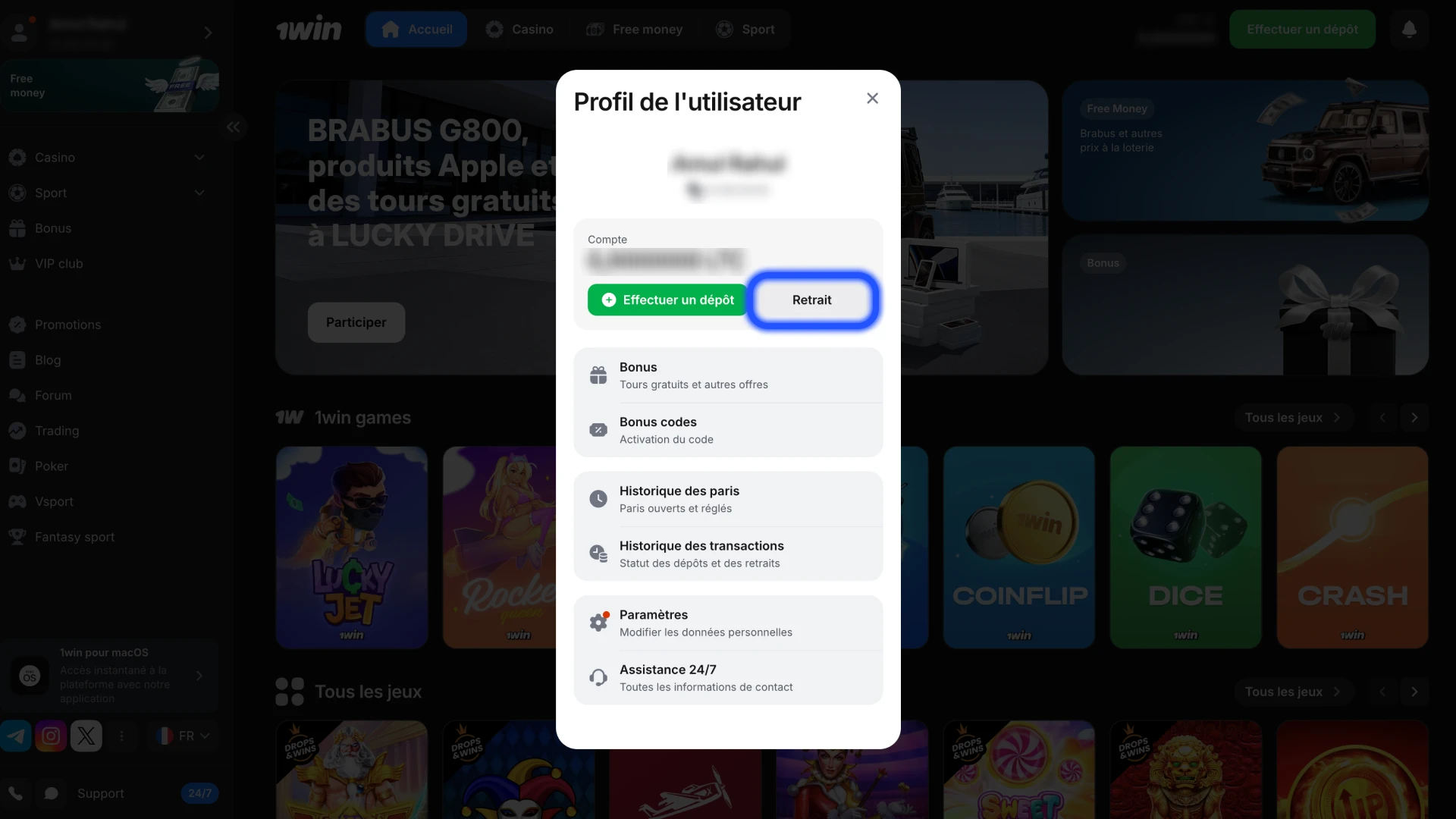 Trouvez la section consacrée aux retraits dans les paramètres du compte 1Win.