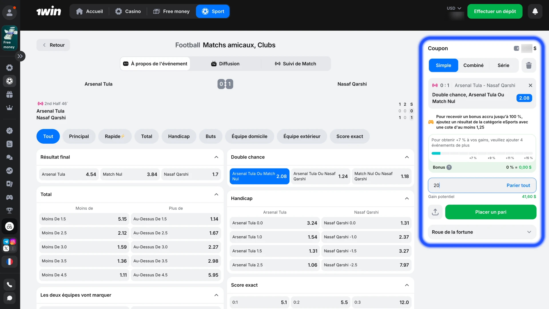 Sélectionnez le montant et confirmez votre pari sur 1win.