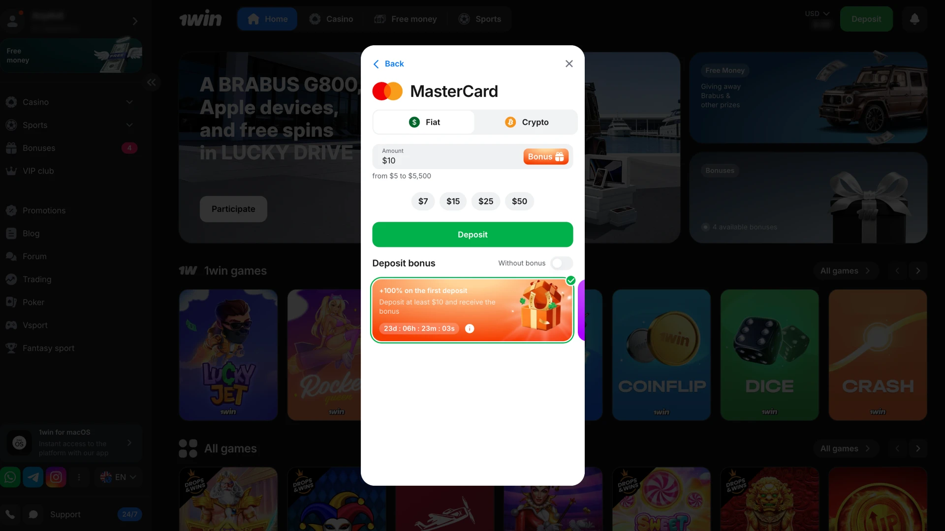 Select a 1Win payment method available for deposit.