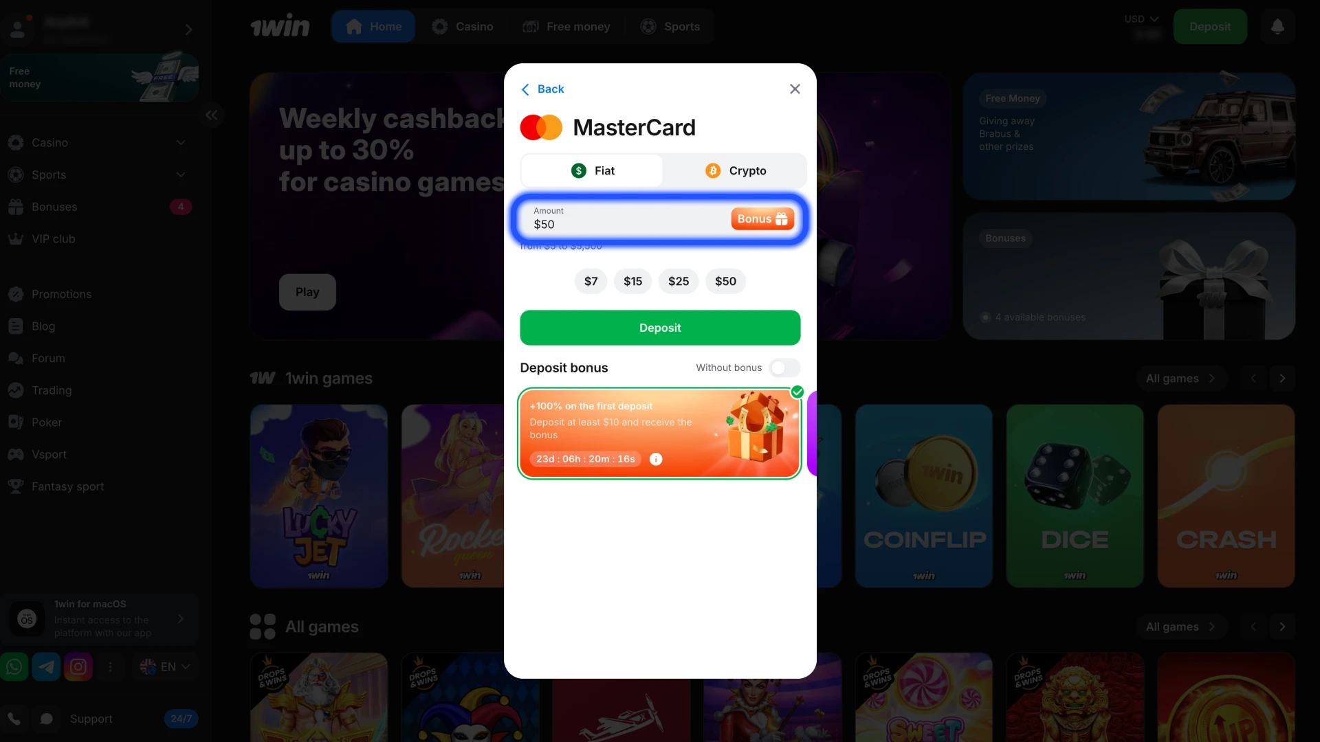 Enter the amount of payment you want to deposit at 1Win.