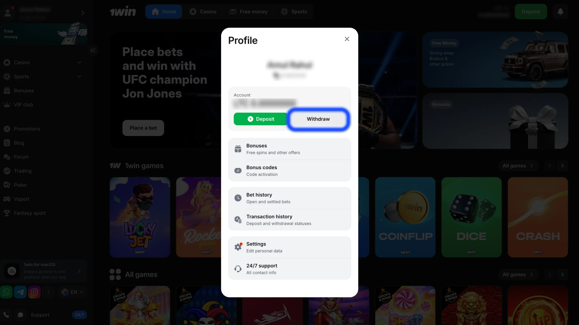 Find the section for withdrawing on 1Win account settings.