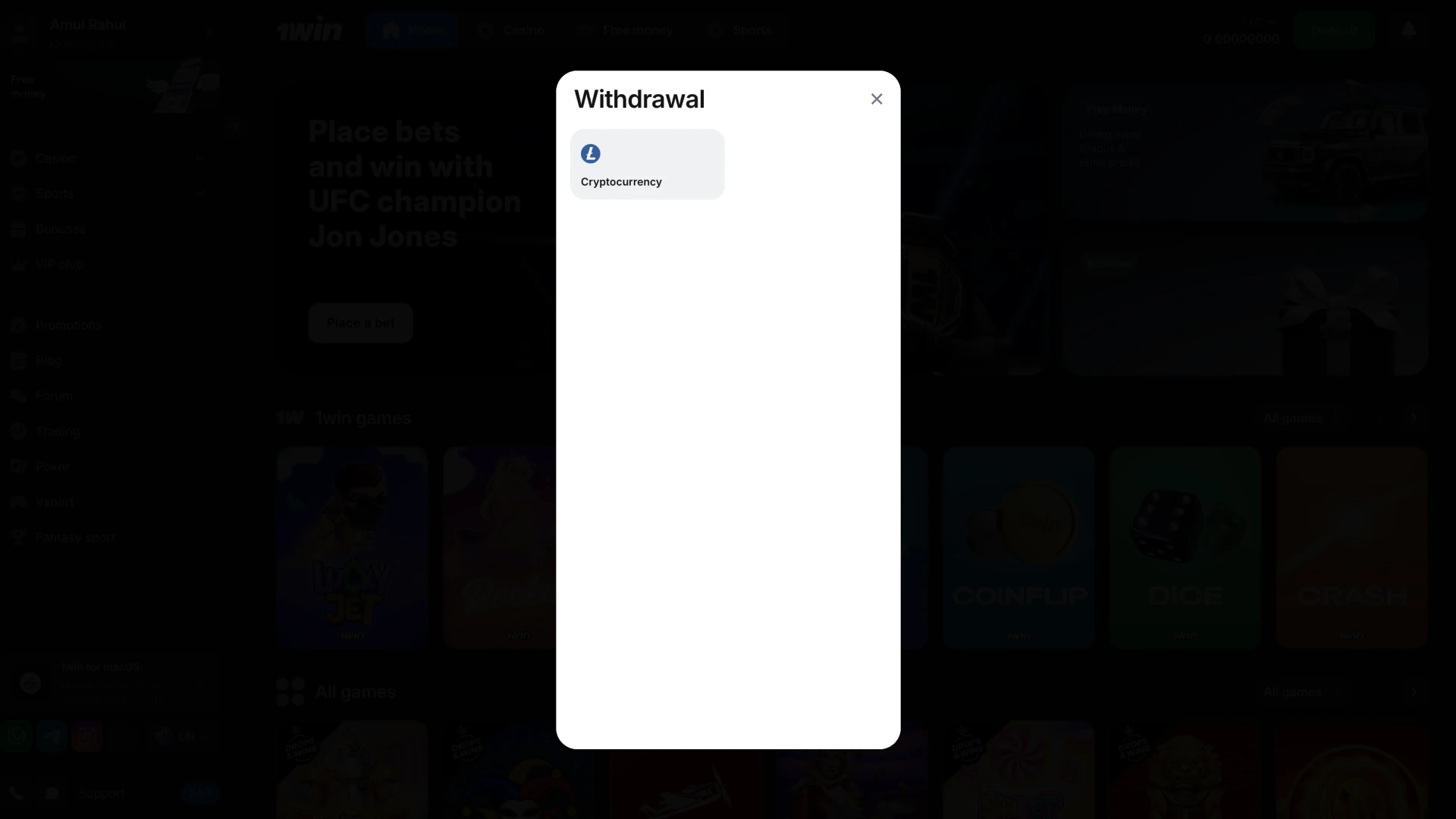 Select a payment system to withdraw your 1Win winnings.