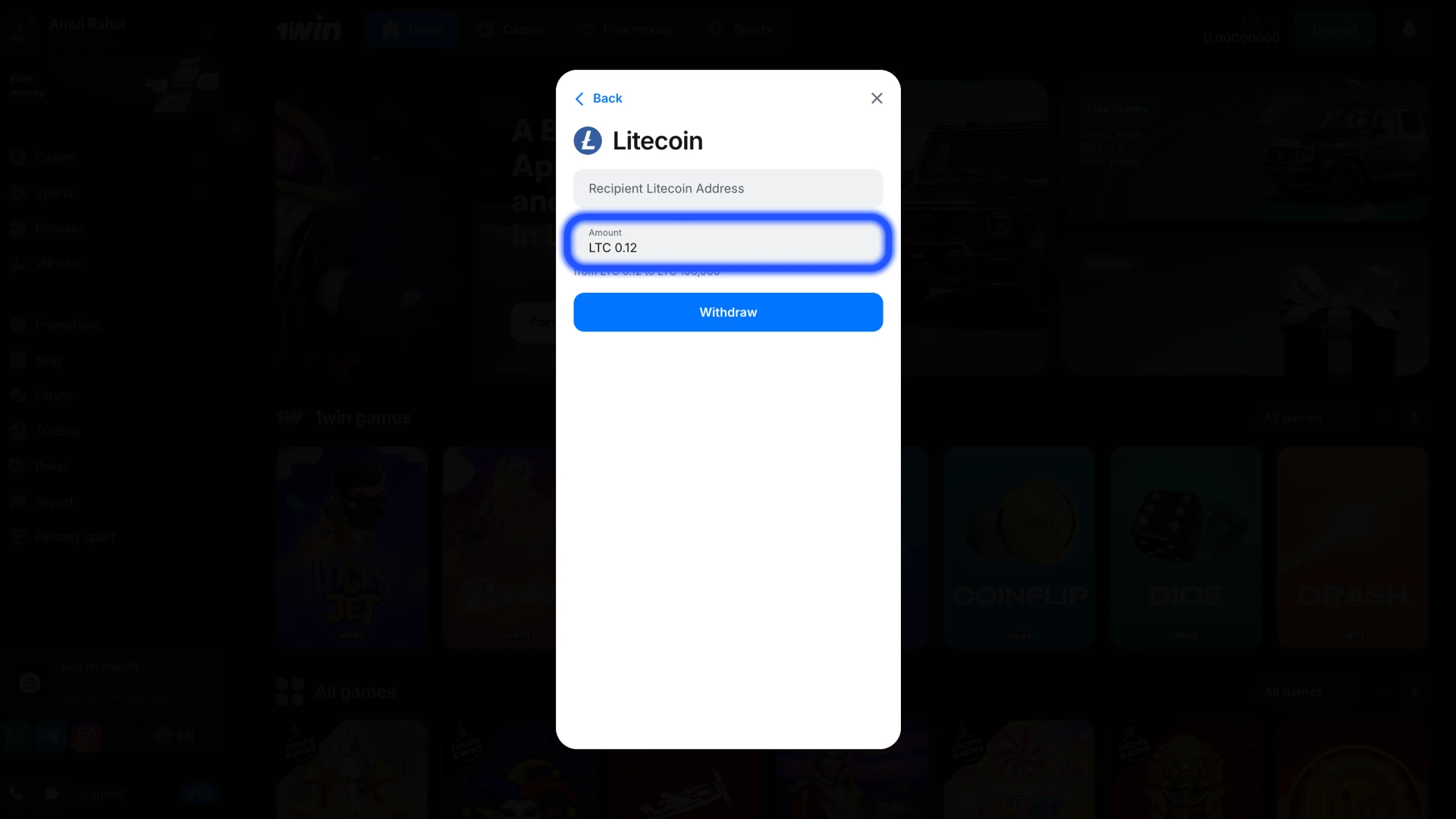 Enter your wallet details and amount at 1Win withdraw section.