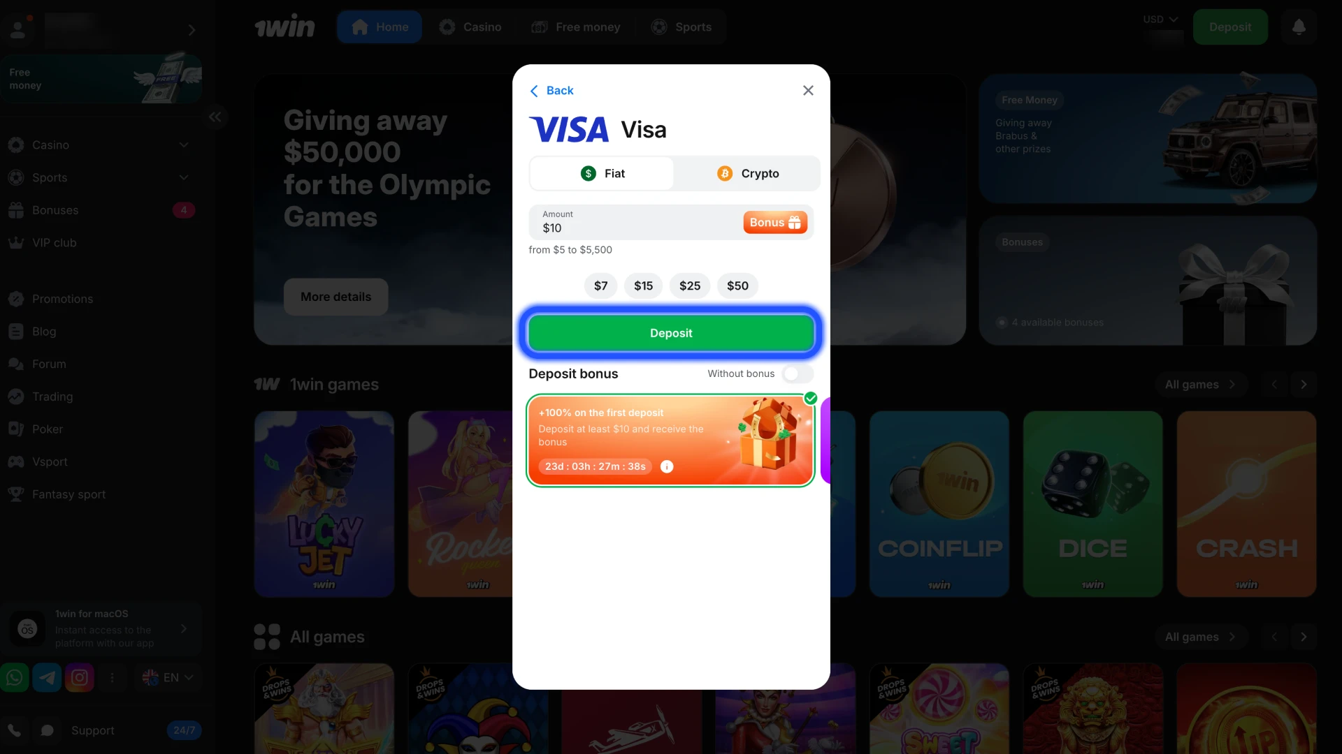 Enter the required details and confirm 1Win payment.