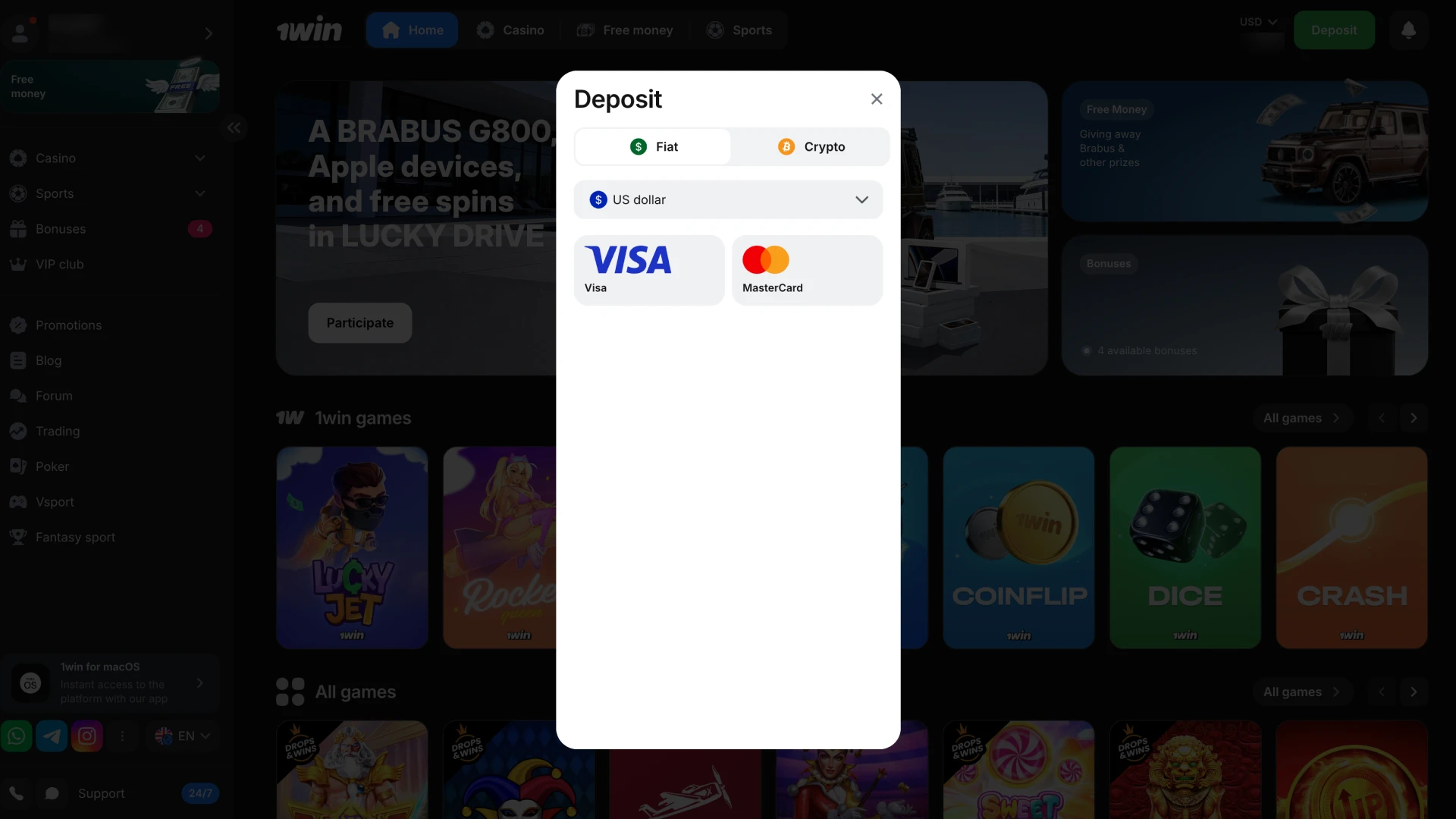 Open the payments section at 1Win website.
