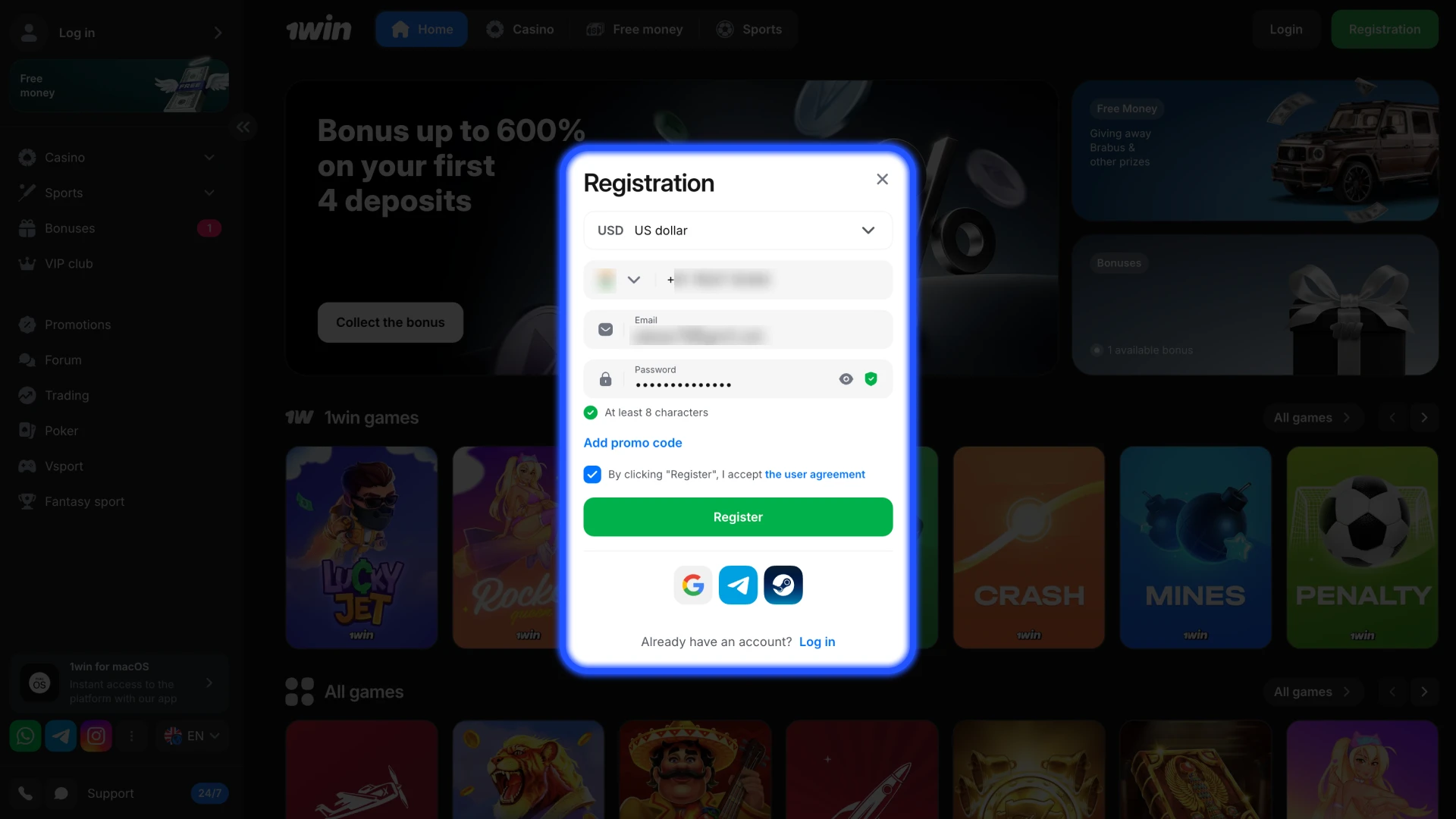 Complete a quick registration at 1win to access sportsbook.