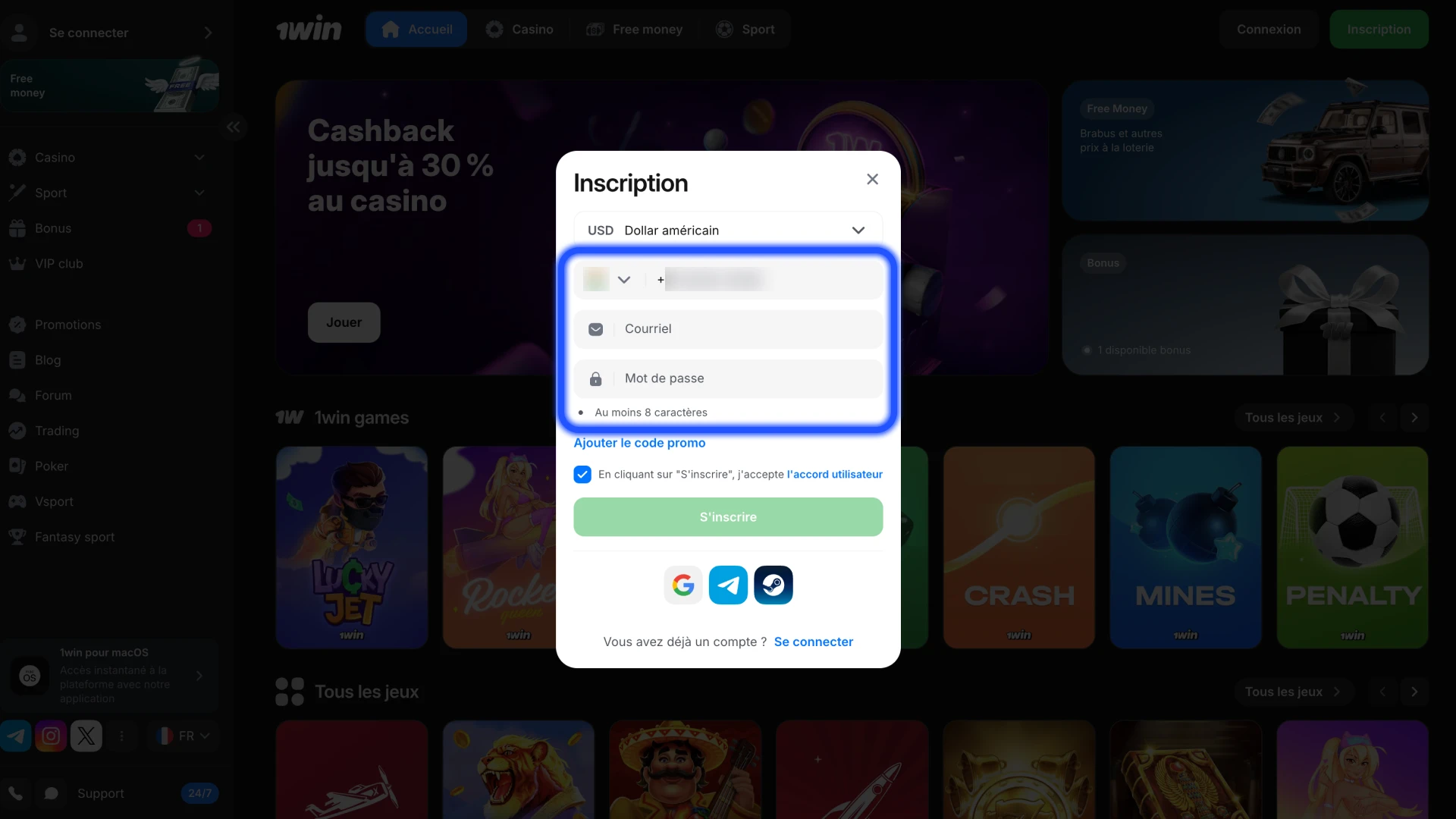 Choisissez la méthode d'inscription que vous préférez sur 1Win.
