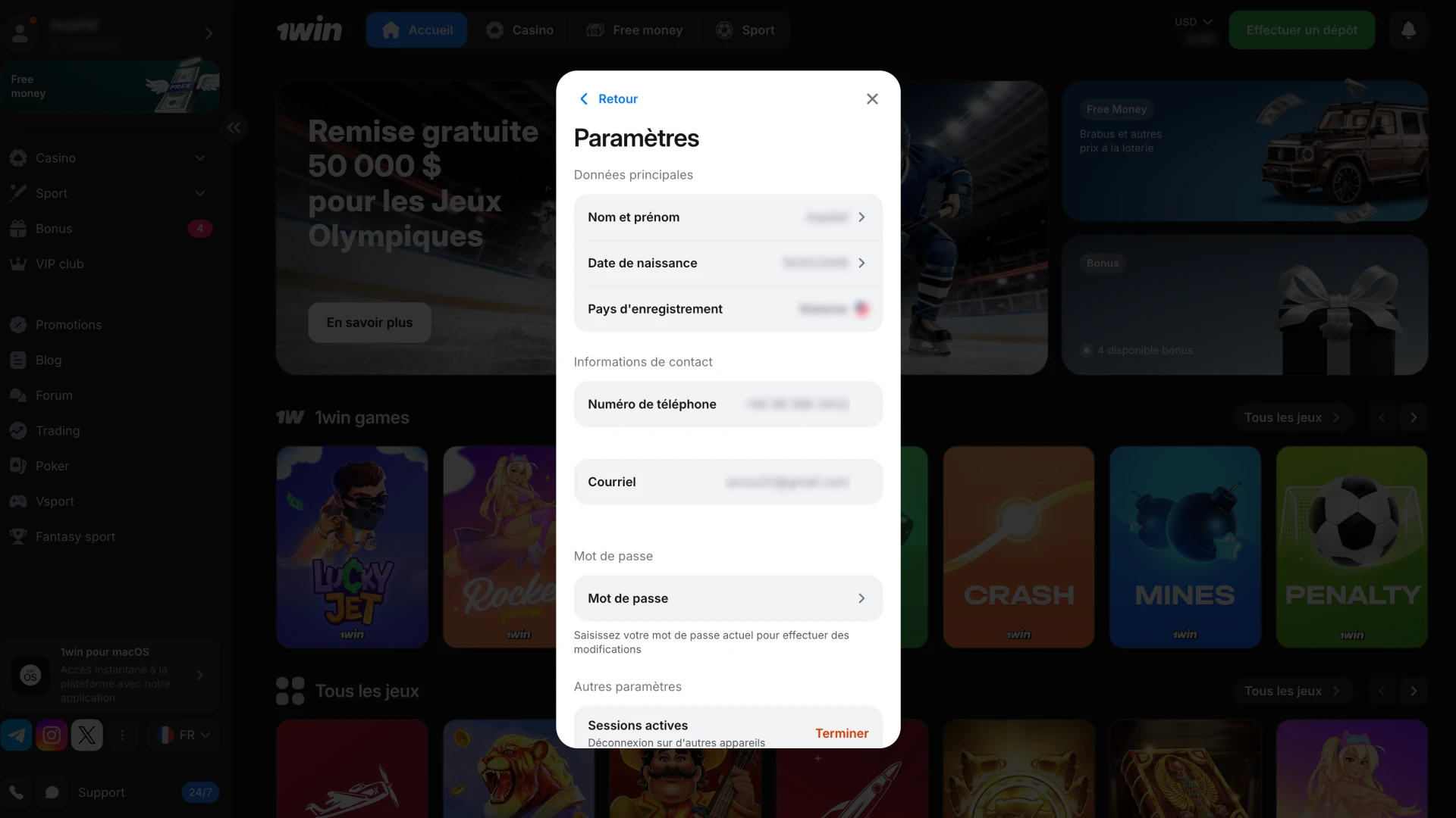 Complétez votre profil sur 1Win avec vos informations personnelles.